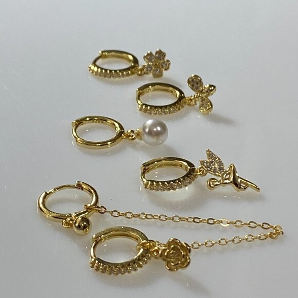6 Different Gold Plated Sterling Silver Small Earrings - Picture 1 of 10